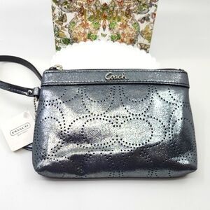 Coach NWT Metallic Silver Perforated Kissing "Cs" Wristlet